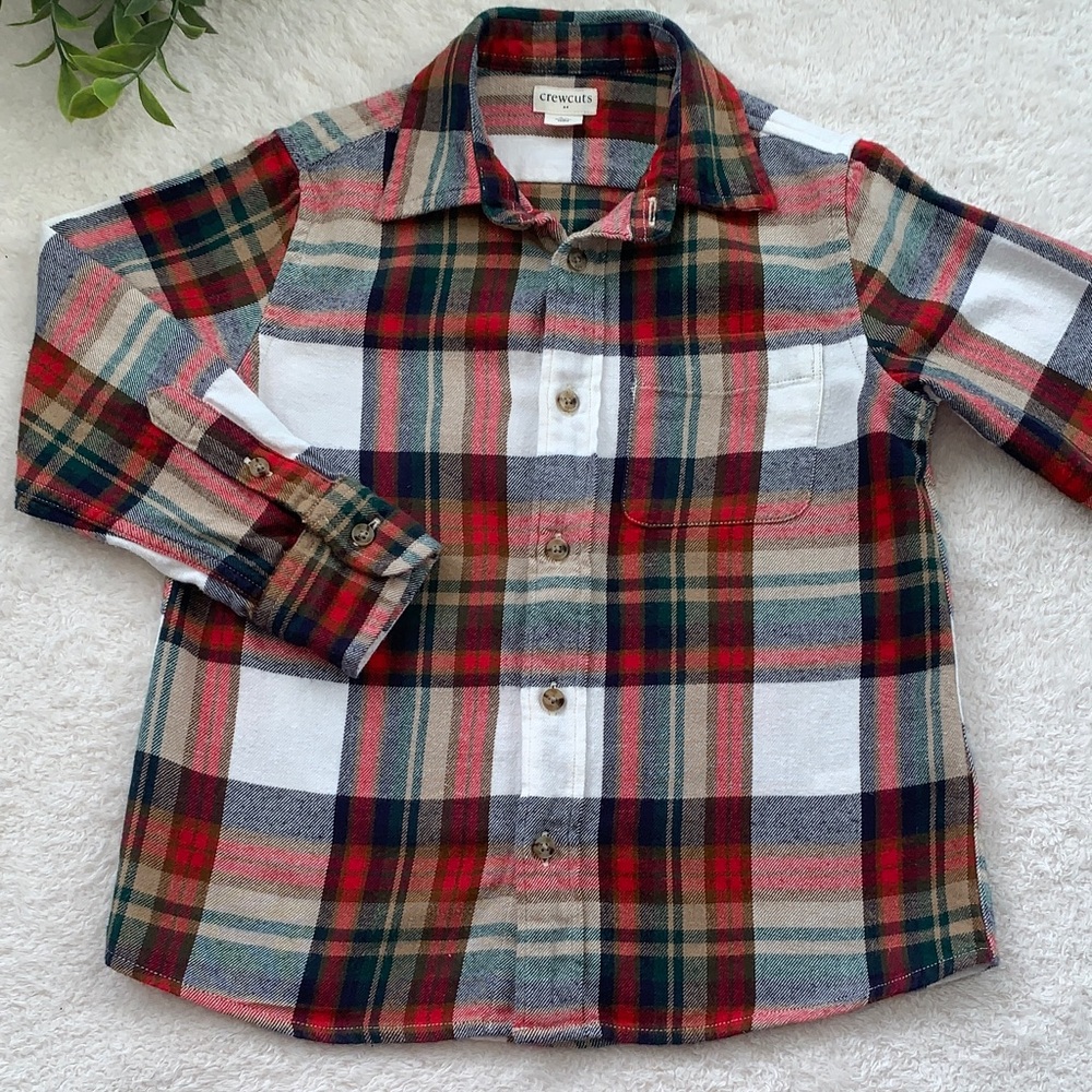 Crewcuts 4/5 Tan & Red Multicolor Plaid Button Down Flannel Shirt EUC